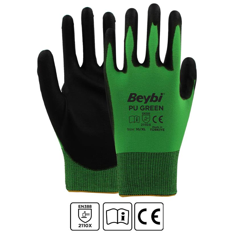 Beybi Green Poliüretan Kaplı Polyester Örme Eldiven No:10