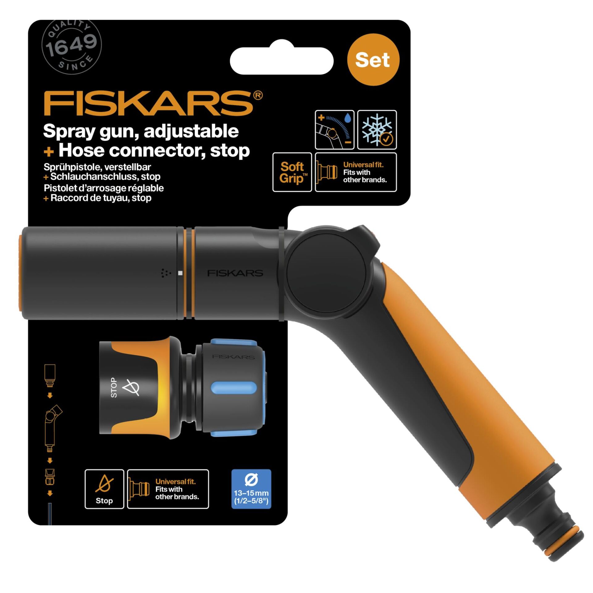 Fiskars 1065493 Ayarlanabilir Sulama Tabancası + 13mm Stoplu Hortum Bağlantısı